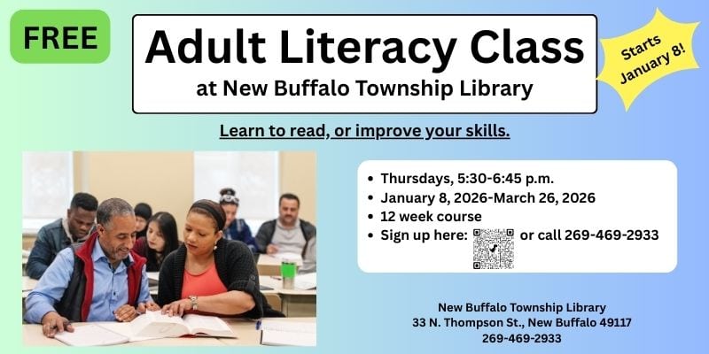 Banner for a free Adult Literacy Class at New Buffalo Township Library. Includes dates, times, contact info, a QR code, a Starts January 8! burst, and a photo of adults reading together at a table.