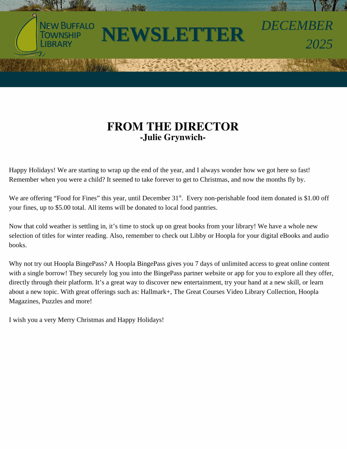 December 2025 newsletter from New Buffalo Township Library with a note from the director about holiday events, “Food for Fines” donation drive, new digital book services, and holiday well wishes. Green and yellow festive design.