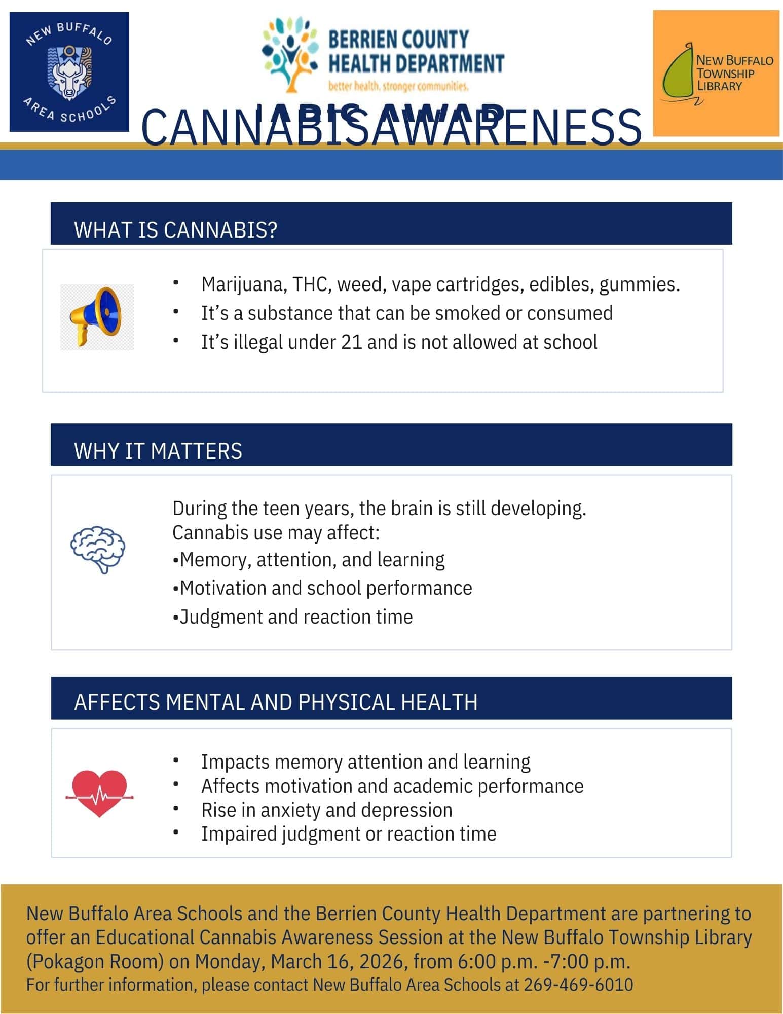 Flyer for an Educational Cannabis Awareness Session presented by New Buffalo Area Schools and the Berrien County Health Department at the New Buffalo Township Library, Pokagon Room, on Monday, March 16, 2026 from 6:00 to 7:00 p.m. The session provides information about cannabis awareness, teen brain development, health impacts, and guidance for parents.