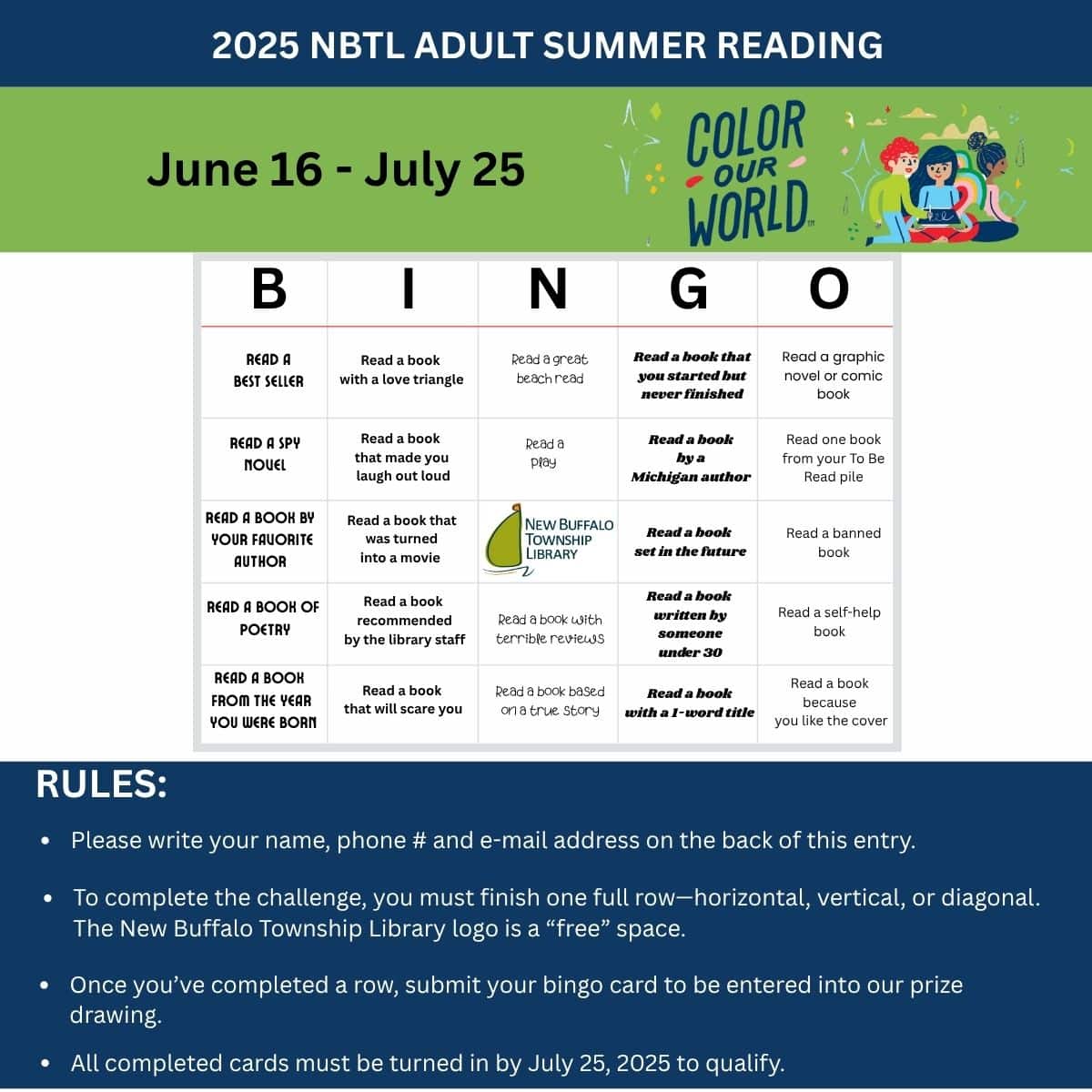 bingo card for the 2025 nbtl adult summer reading program at new buffalo township library, with book related prompts and rules for participation from june 16 to july 25.
