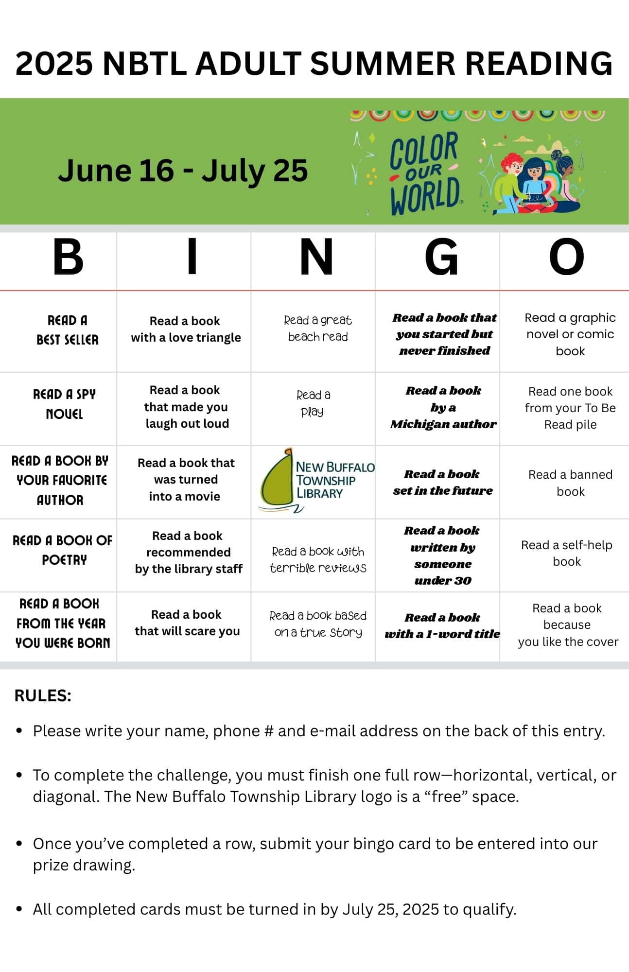 bingo card for the 2025 nbtl adult summer reading program, with book related prompts, rules, and participation details from june 16 to july 25.