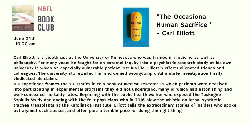 event flyer for nbtl book club featuring "the occasional human sacrifice" by carl elliott, with event details, book cover, and a brief summary of the author's background and book themes.