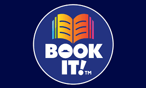 The image shows the BOOK IT! logo with an open book above the words "BOOK IT!" in bold white letters, all set against a dark blue background.