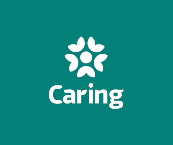 White abstract logo with five petal shapes and circular forms above the word 