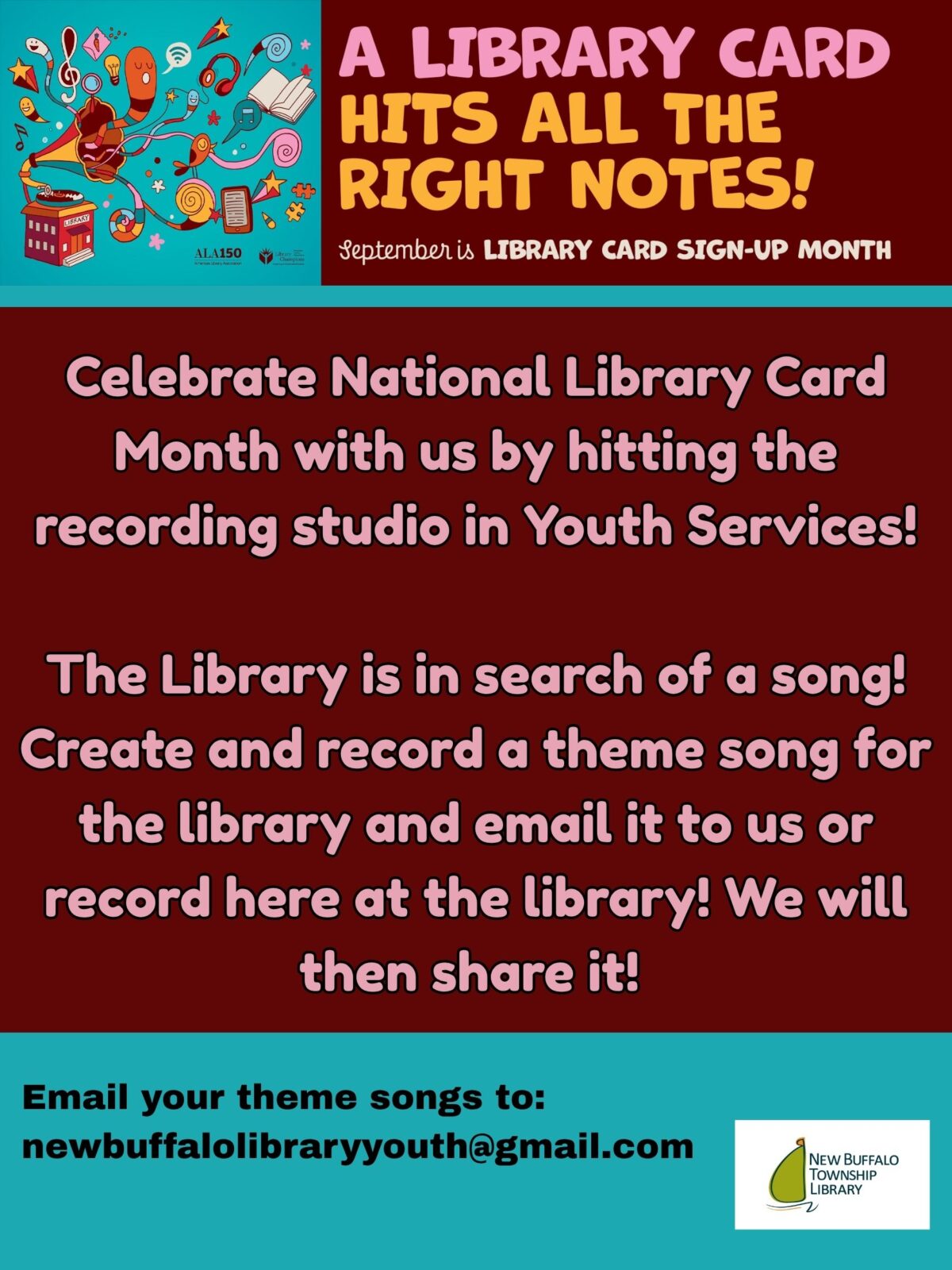 celebrate national library card month with us by hitting the recording studio! the library is in search of a song! create and record a theme song for the library