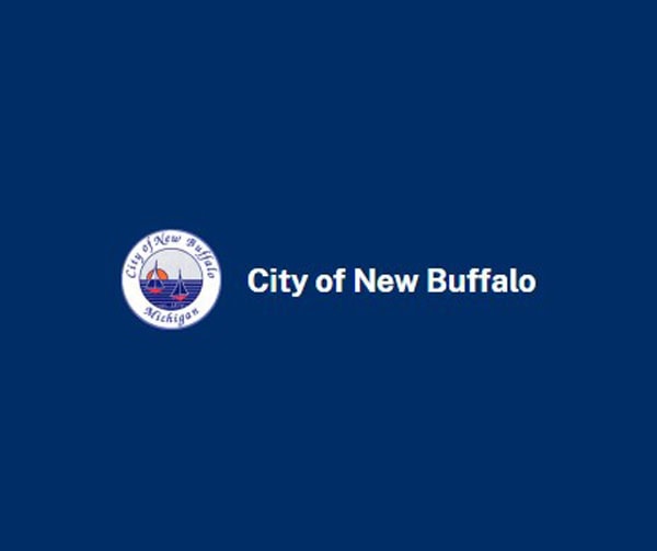 City of New Buffalo seal and text on a solid blue background.