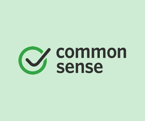 The image shows the words "common sense" beside a green checkmark inside a green circle, all on a light green background.