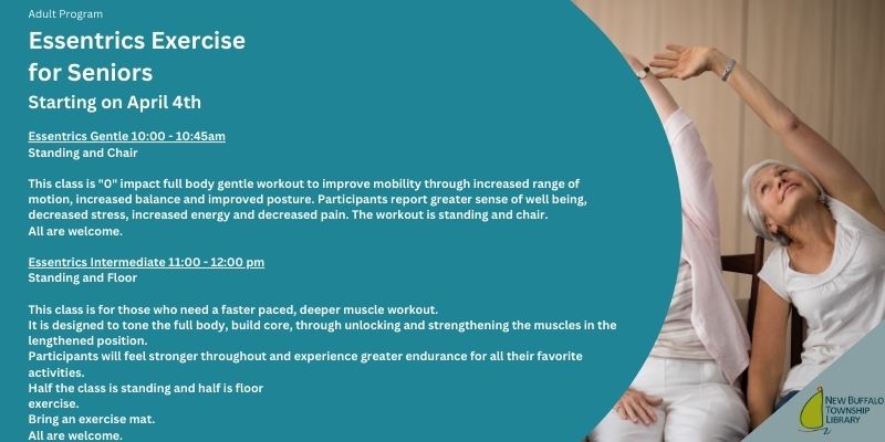 a senior woman in exercise attire stretches her arm overhead while seated on a chair, participating in a gentle group fitness class as described in the event flyer for essentrics exercise.