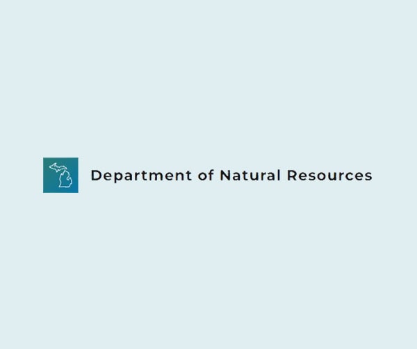 Logo of the Department of Natural Resources with an outline of Michigan state next to the text on a light blue background.