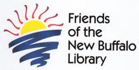 Logo for Friends of the New Buffalo Library, featuring a stylized yellow sun with red rays rising above blue waves, positioned to the left of the organization’s name in black text.