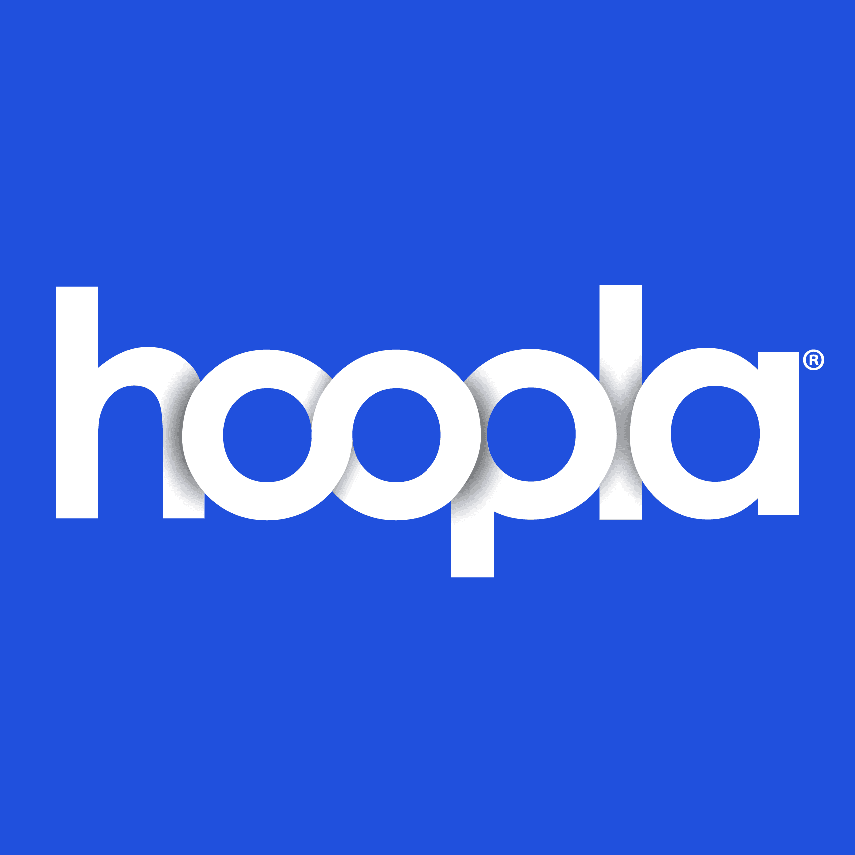 The word “hoopla” in bold, white lowercase letters with overlapping circular shapes, centered on a solid blue background.