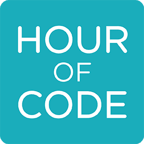 A turquoise square with the words "HOUR OF CODE" written in bold, white, uppercase letters, centered on the image.