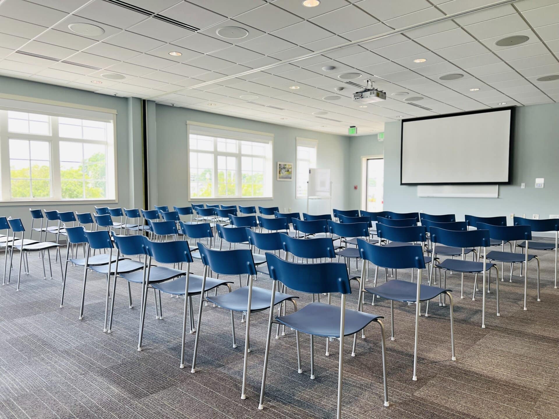 Meeting room with rows of blue chairs facing a large projection screen, bright natural light coming through multiple windows.