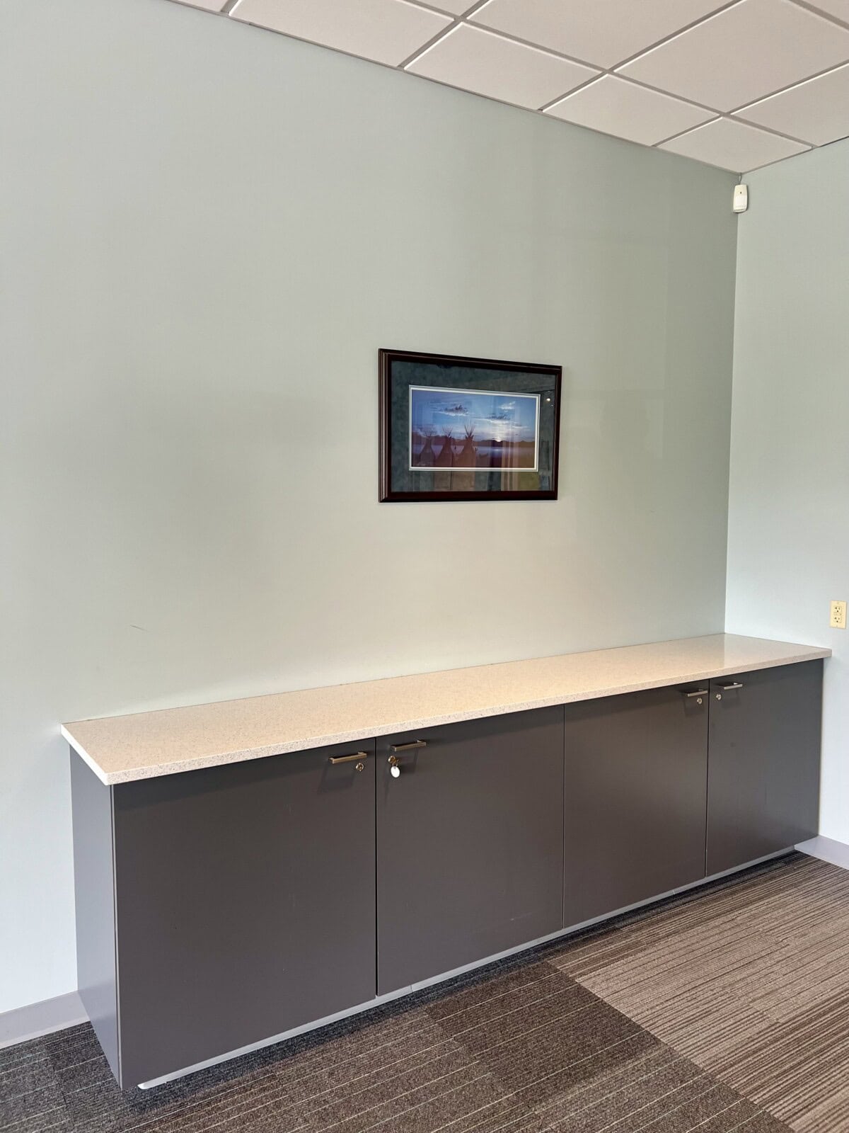 Built-in gray cabinet with a light countertop centered beneath a framed picture on a pale green wall in a carpeted room.