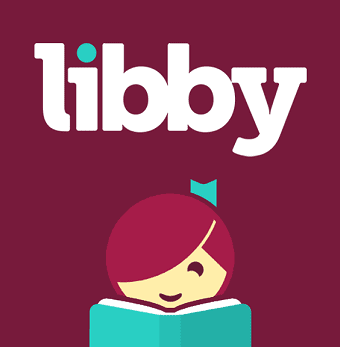 Libby app logo featuring the word "libby" in white text above an illustrated girl with a bow reading a teal book, set against a maroon background.