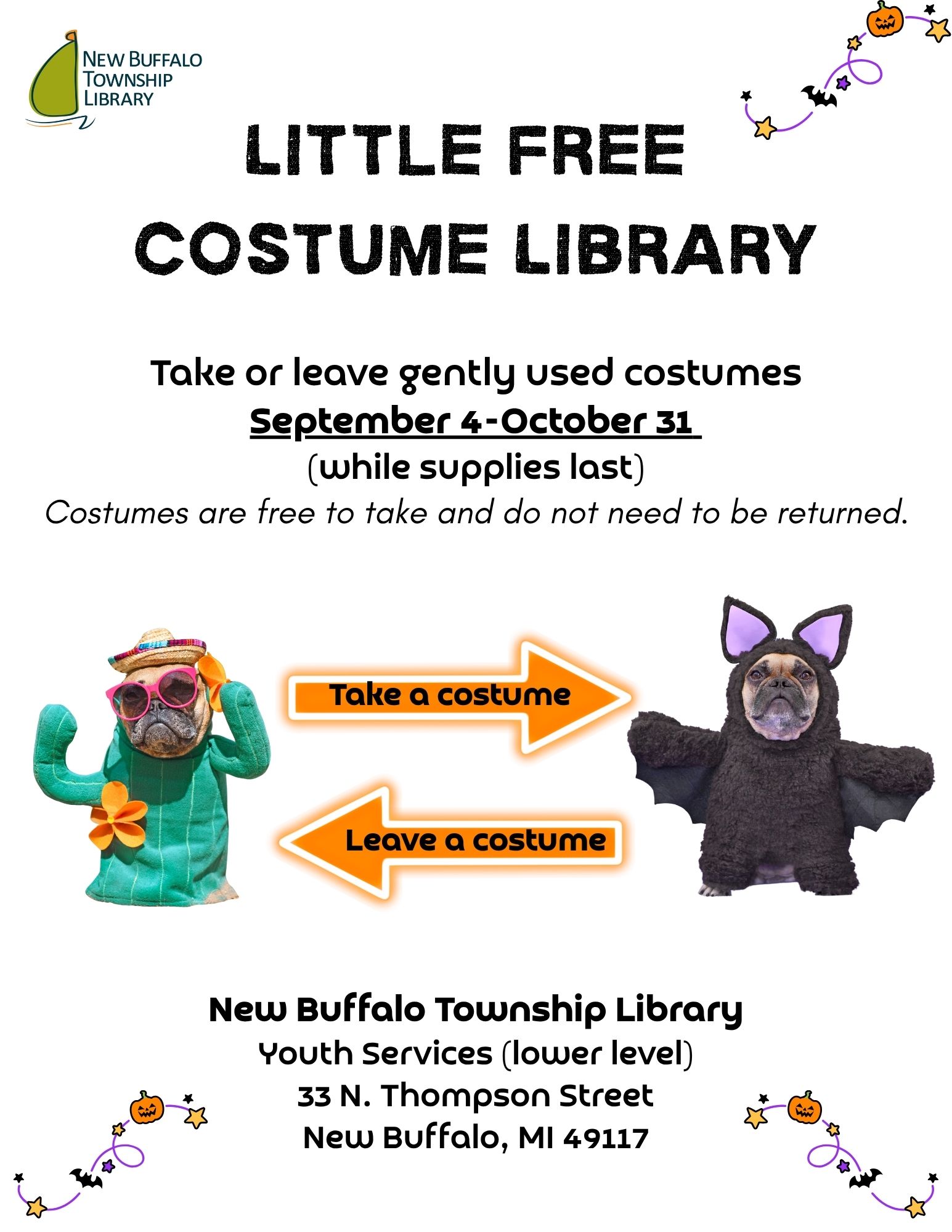 little free costume library new buffalo township library youth services (lower level) 33 n. thompson street new buffalo, mi 49117 costumes are free to take and do