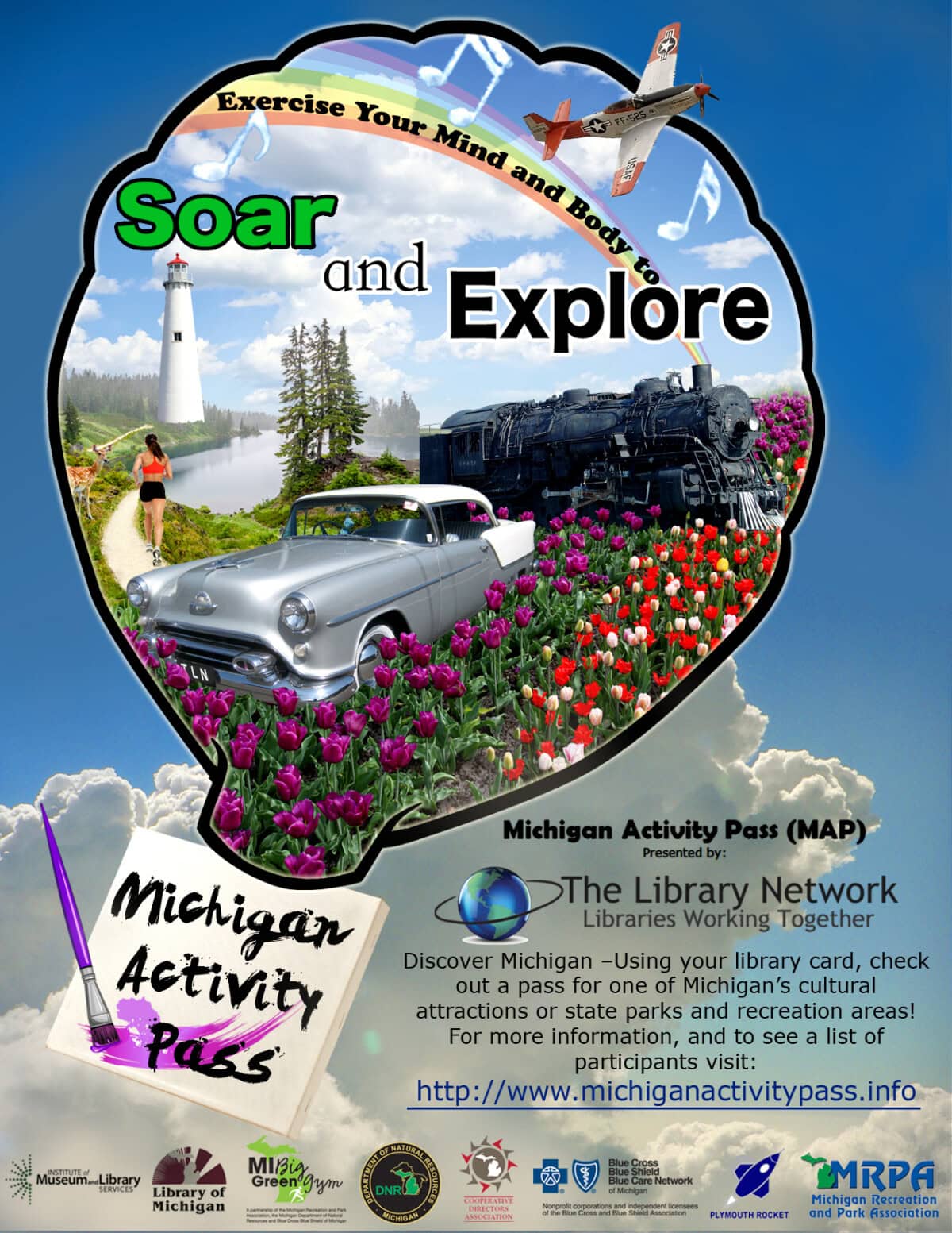 Poster promoting the Michigan Activity Pass, featuring images of a vintage car, steam locomotive, airplane, hot air balloon, windmill, and flowers with program details and logos.