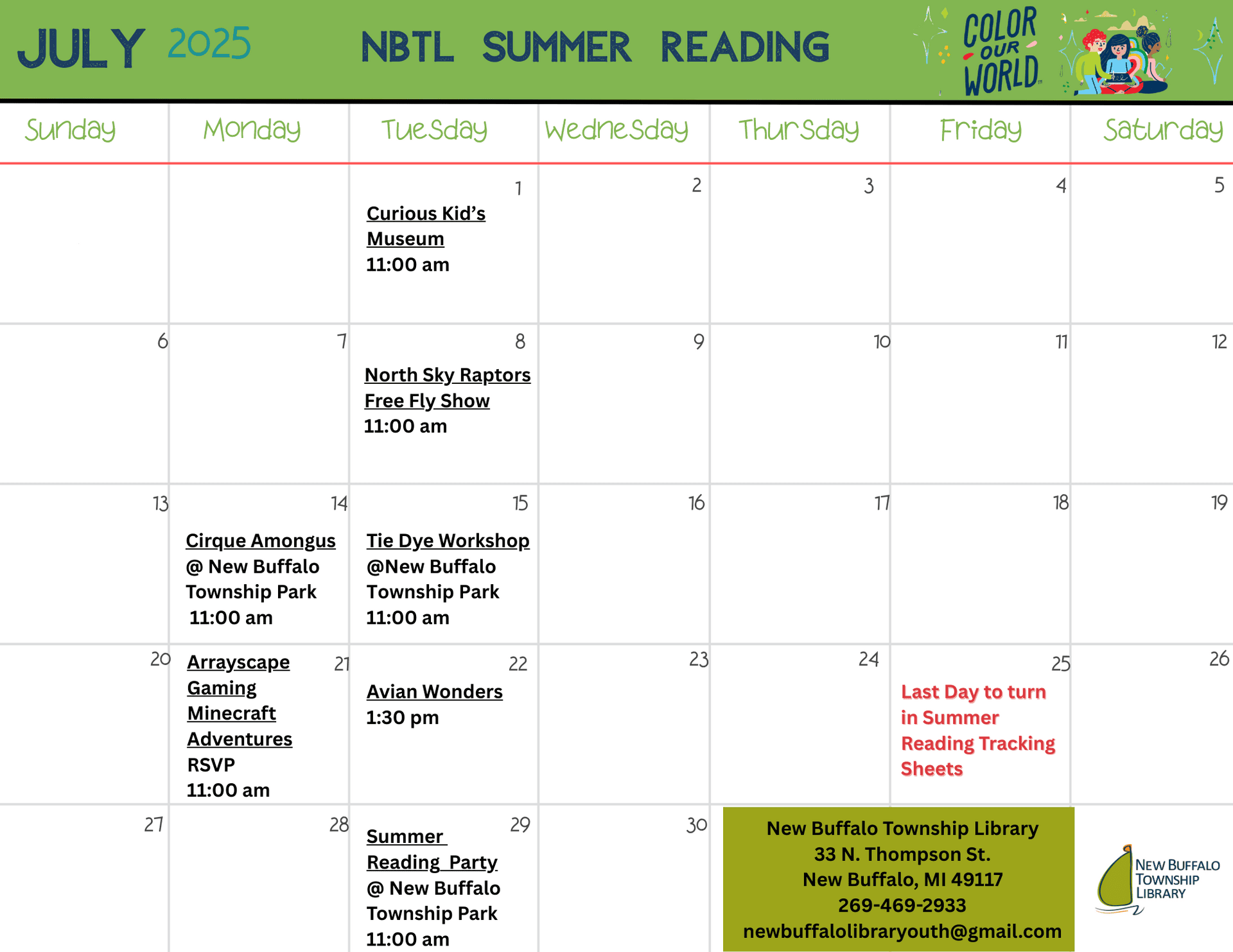 july 2025 summer reading calendar with events listed on specific dates, including museum trips, workshops, gaming, and reading parties at new buffalo township library.