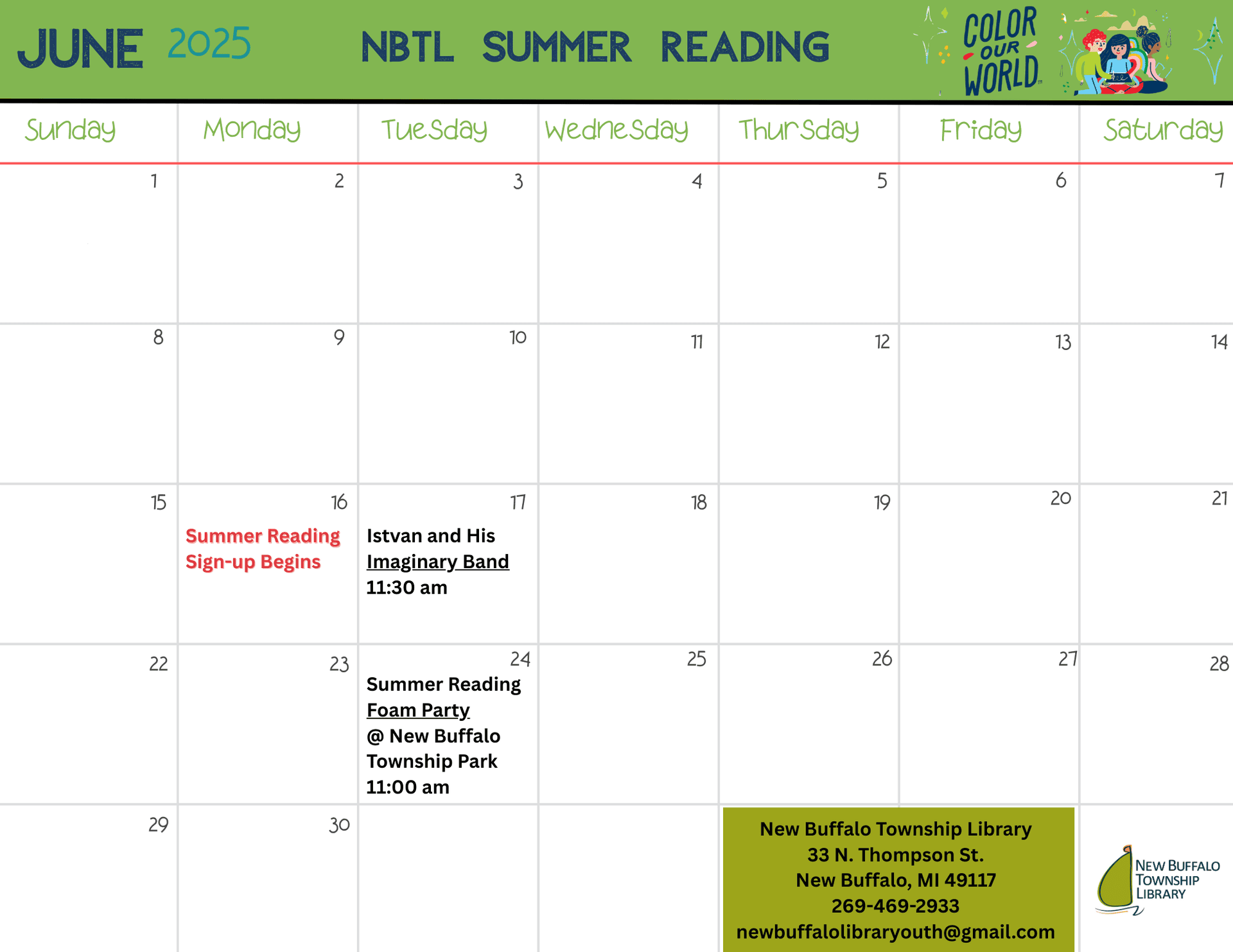 june 2025 calendar for new buffalo township library showing summer reading events and contact info, with events listed on june 16 and june 23.