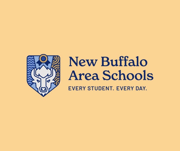 Logo for New Buffalo Area Schools featuring a stylized buffalo head in blue and white with the text 