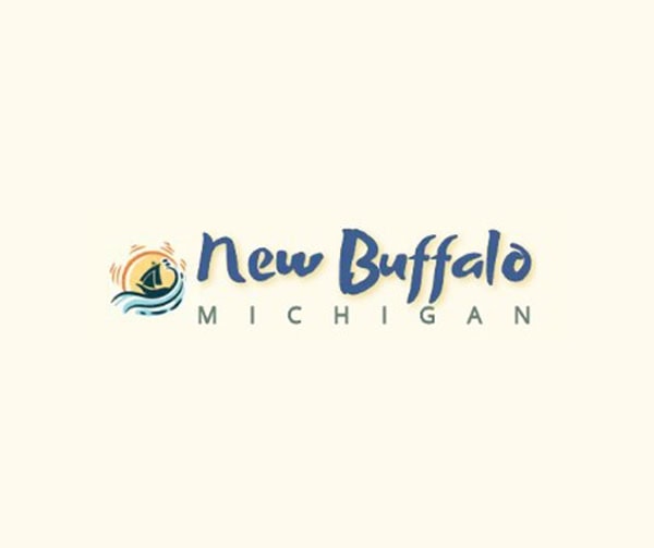 Logo for New Buffalo, Michigan, featuring stylized blue text and an emblem with a sailboat on water under an orange sun.