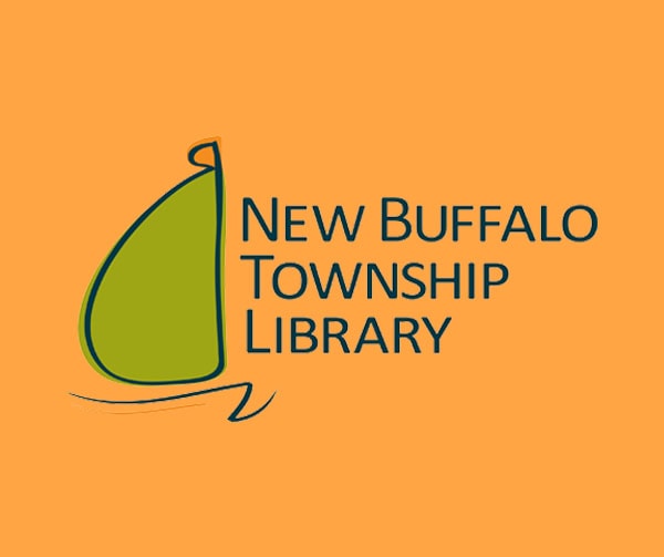 Logo of New Buffalo Township Library featuring a green stylized sail shape next to the library name on an orange background.