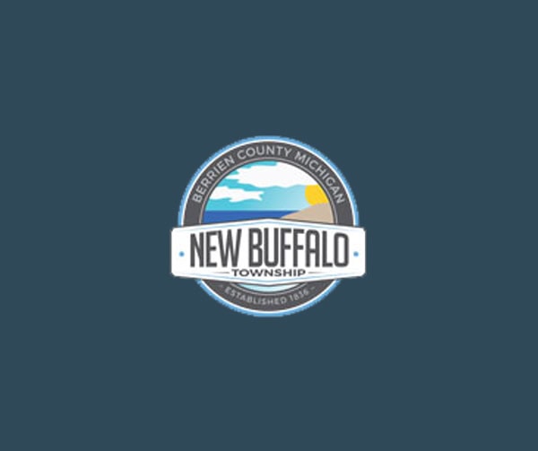 Logo for New Buffalo Township, Berrien County, Michigan, featuring a landscape with clouds, water, and dune, along with the text 
