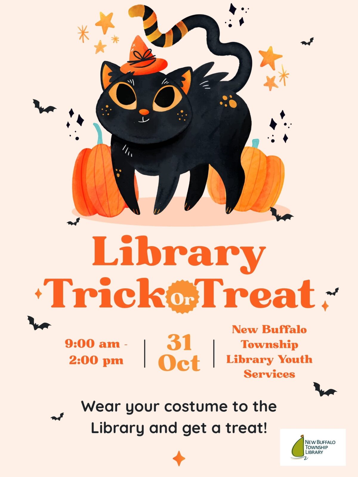 orange and black illustrated halloween trick or treat event poster