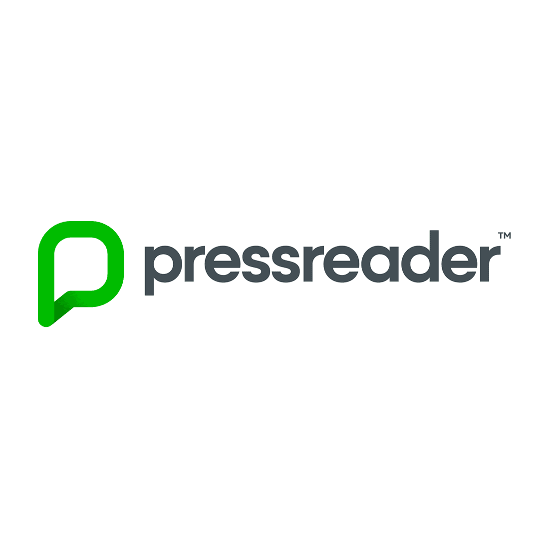 Pressreader logo showing a green stylized "P" icon to the left of the word "pressreader" in gray lowercase letters on a white background.