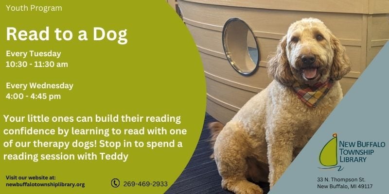 A therapy dog named Teddy sits indoors next to a wooden wall; text promotes "Read to a Dog" youth sessions at New Buffalo Township Library.