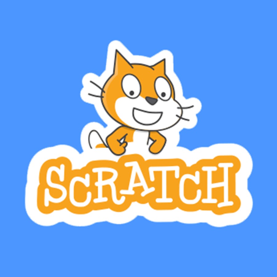 Scratch logo featuring an orange cartoon cat above the word "Scratch" in orange stylized text, set against a blue background.