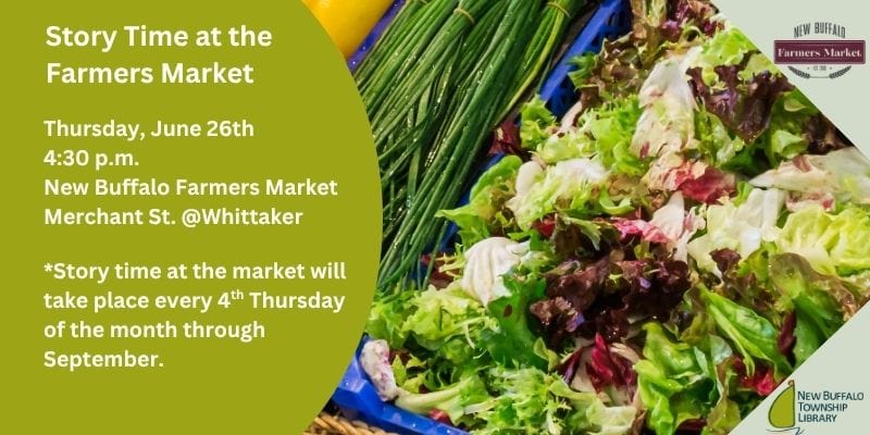 a promotional flyer for "story time at the farmers market" with event details and an image of fresh vegetables, including lettuce and chives, in a market display.
