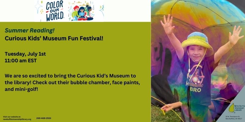 child playing with bubbles outdoors, wearing a tie dye shirt and hat, with face paint. text promotes a summer reading festival at the library featuring fun activities for kids.