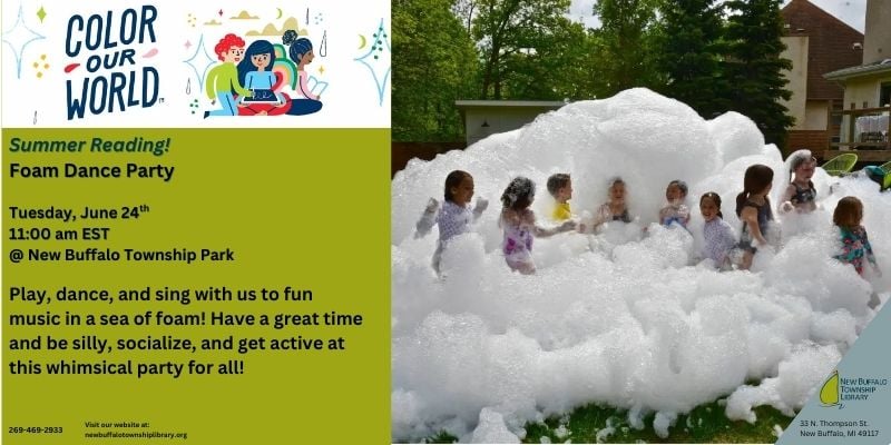 children are playing in a large cloud of foam outdoors during a library's summer reading foam dance party event. event details and logos are displayed on the left side of the image.