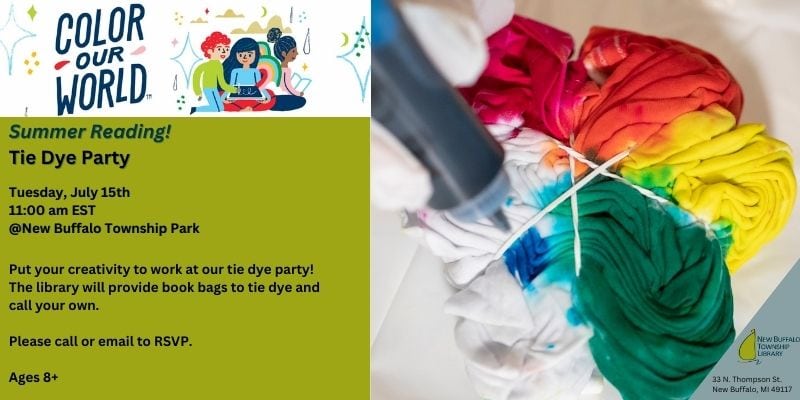 a person applies blue dye to a bundled white cloth, preparing to tie dye. event details for a library tie dye party are listed on the left side of the image.