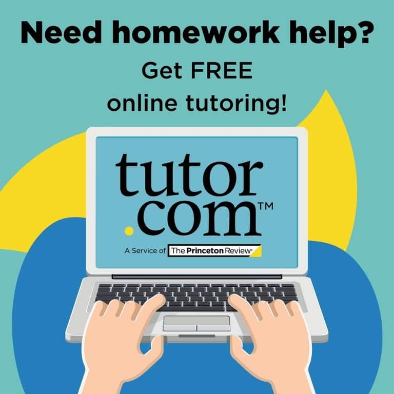 Illustration of hands typing on a laptop with "tutor.com" on the screen, promoting free online tutoring help through The Princeton Review. Text reads: "Need homework help? Get FREE online tutoring!.